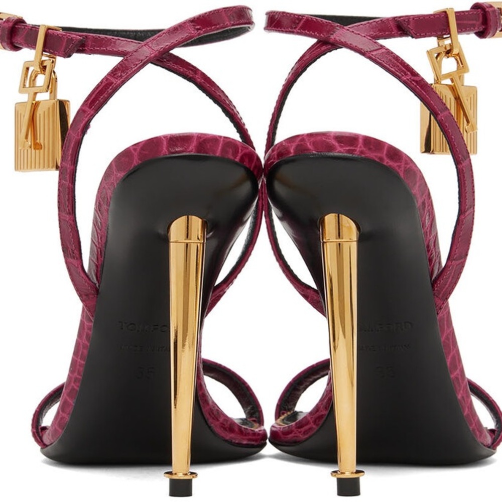 Tom Ford Padlock 105 lock cranberry leather heeled sandals sz 38.5 - Picture 10 of 17